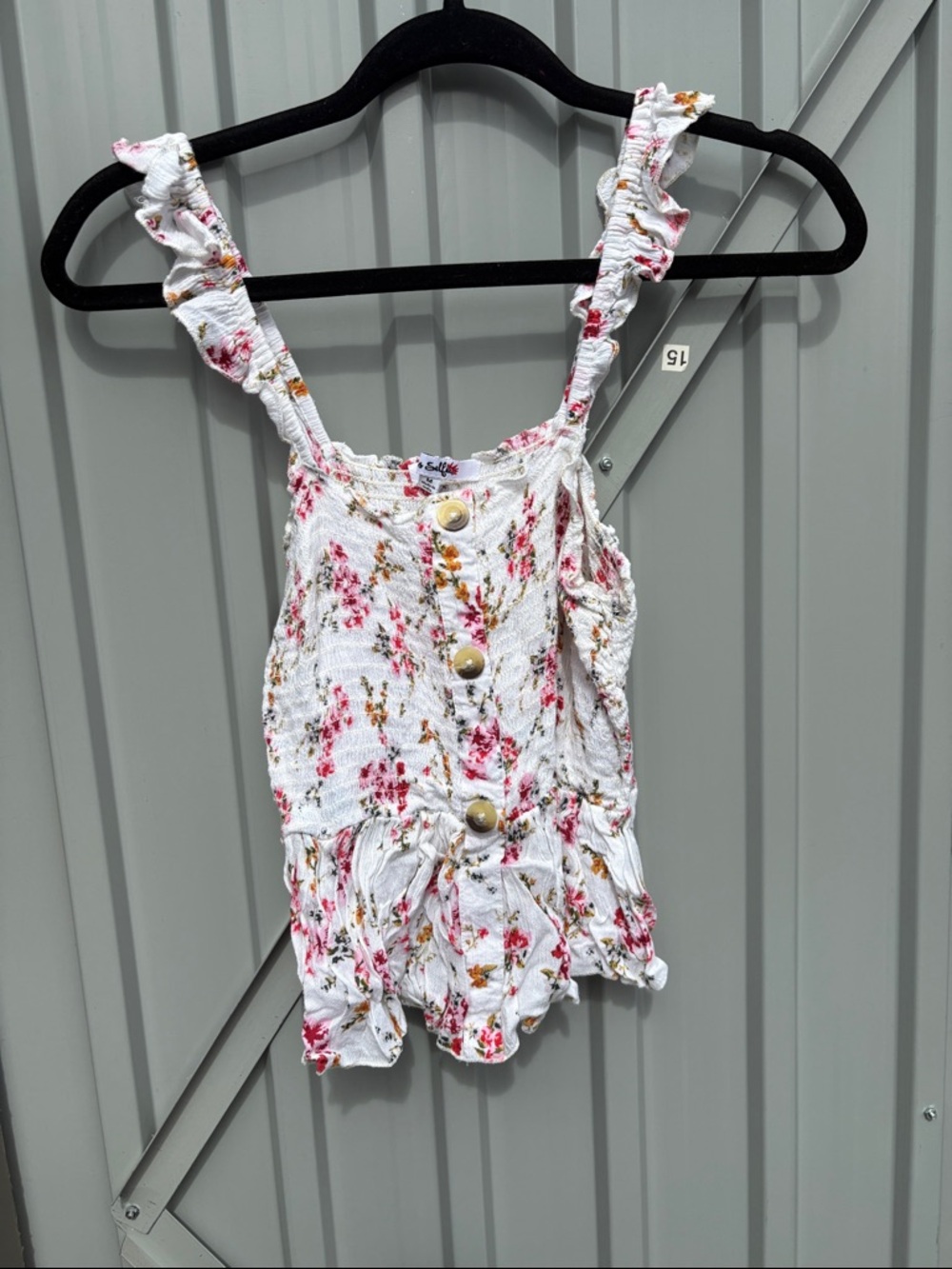 Floral Ruffle Strap Tank Top in White with Pink Accents